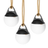 Tre SACKit Light 155 utendørs lamper med hvit lyskule og tauhåndtak, dansk design, pakket sammen.