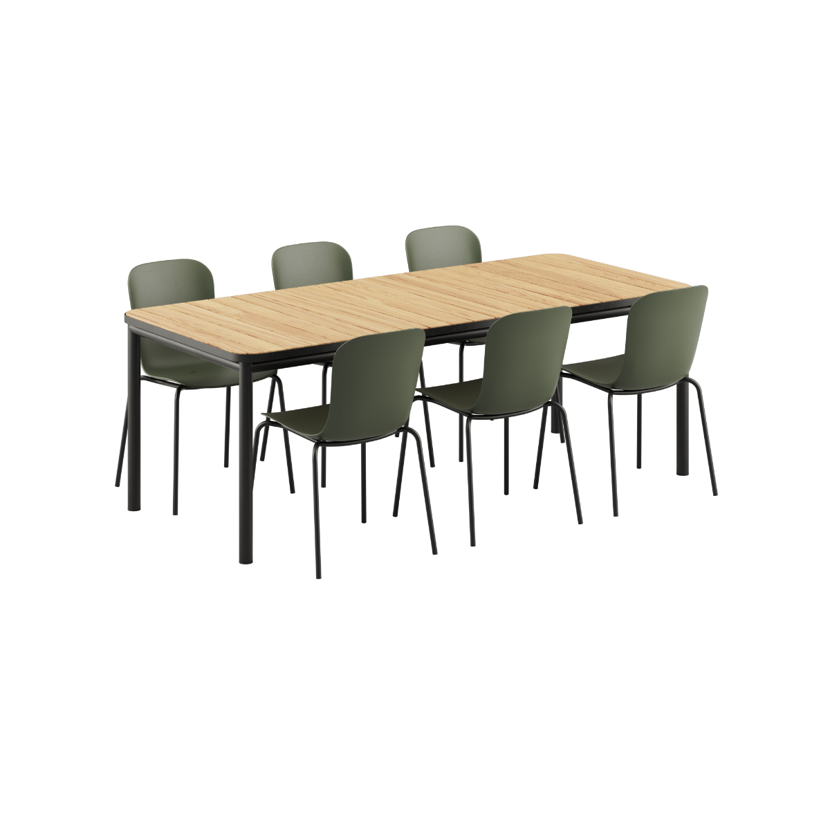 Kirra Dining Table 210x90 med pulverlakkert aluminium og ubehandlet teak, med 6 Patio Chair no. One S1 i Olive/Noir farge.