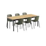 Kirra Dining Table 210x90 med pulverlakkert aluminium og ubehandlet teak, med 6 Patio Chair no. One S1 i Olive/Noir farge.