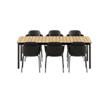 Kirra Dining Table 210x90 med pulverlakkert aluminium og teakplate, omgitt av seks Patio Chair no. One S2 i olive og noir.