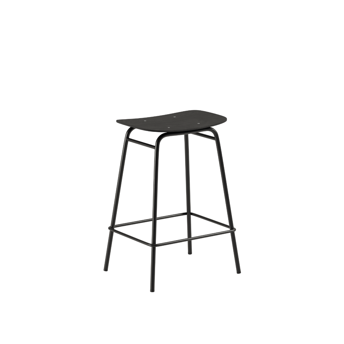 Frame Bar Stool lav høyde med sete i svartbeiset eikefinér og svart pulverlakkert stålramme.