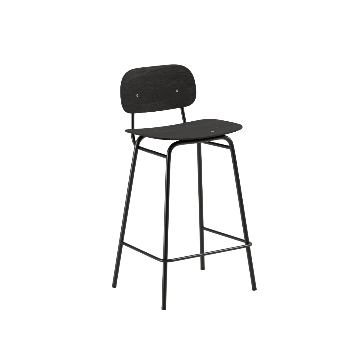Frame Bar Stool barkrakk i svartbeiset eikefinér med ryggstøtte og pulverlakkert svart stål, 68 cm høyde.
