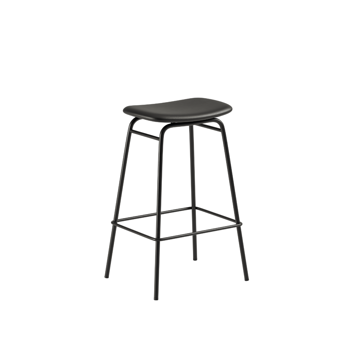 Frame Bar Stool høy 73 cm med sete i svart SPOOR-skinn og pulverlakkert svart stålramme.