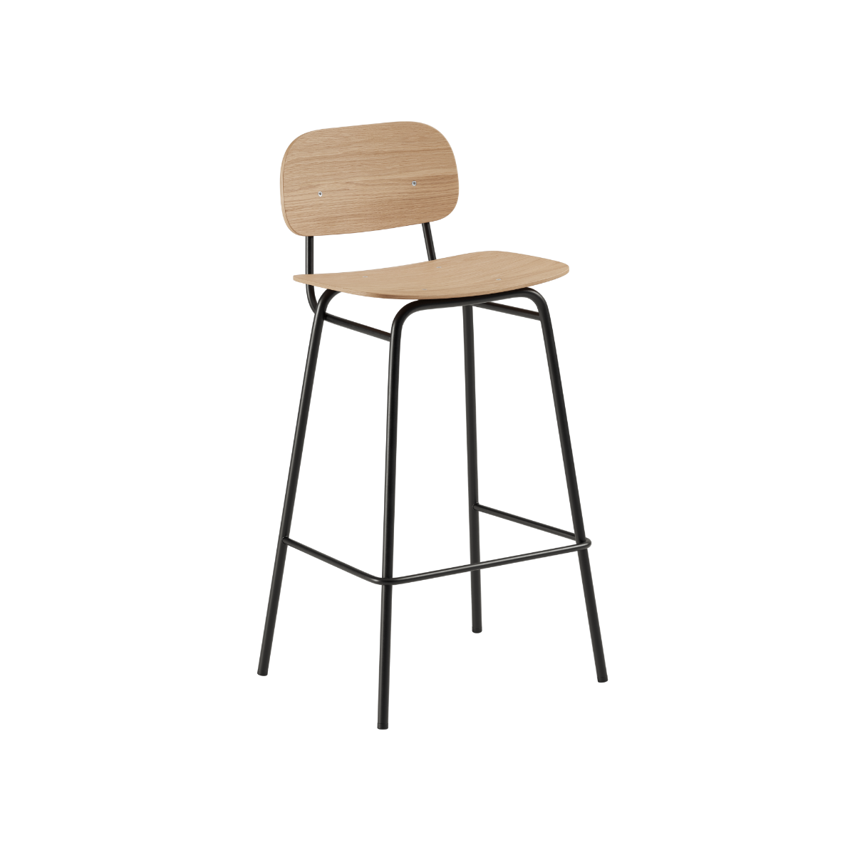Frame Bar Stool 73 cm høy med ryggstøtte i naturlig eikefinér og svart pulverlakkert stålramme.