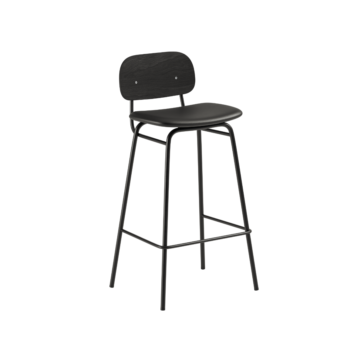 Høy Frame Bar Stool barkrakk i svart Terra-skinn med ryggstøtte og pulverlakkert stålramme