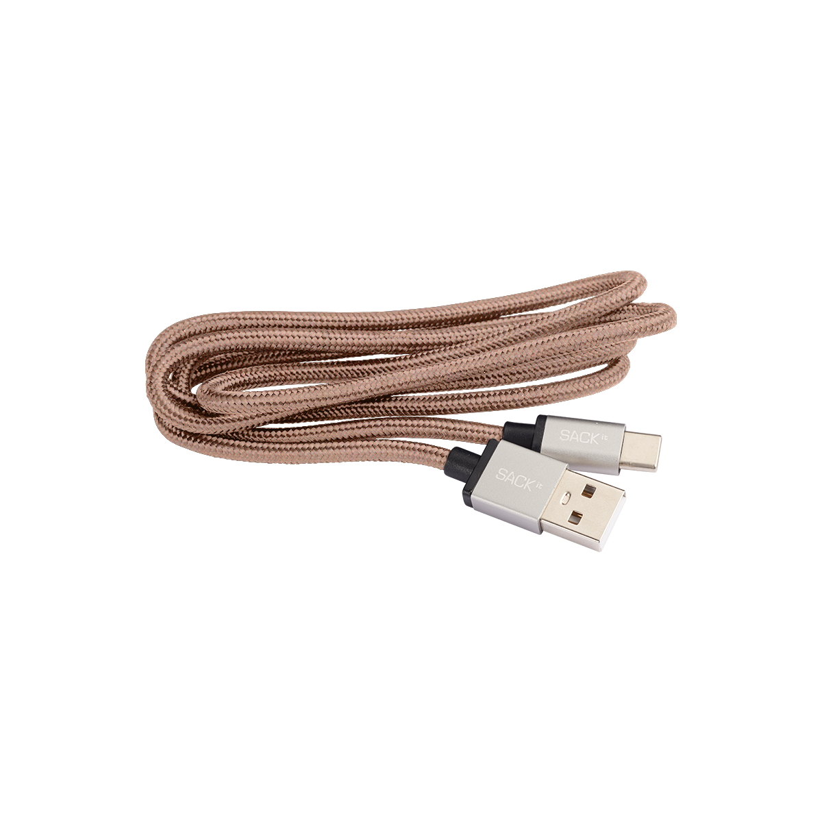 Brun flettet ladekabel fra sackit med USB A og USB C kontakter for lading av CHARGEit 1 meter lang kabel til hjemmet eller kontoret