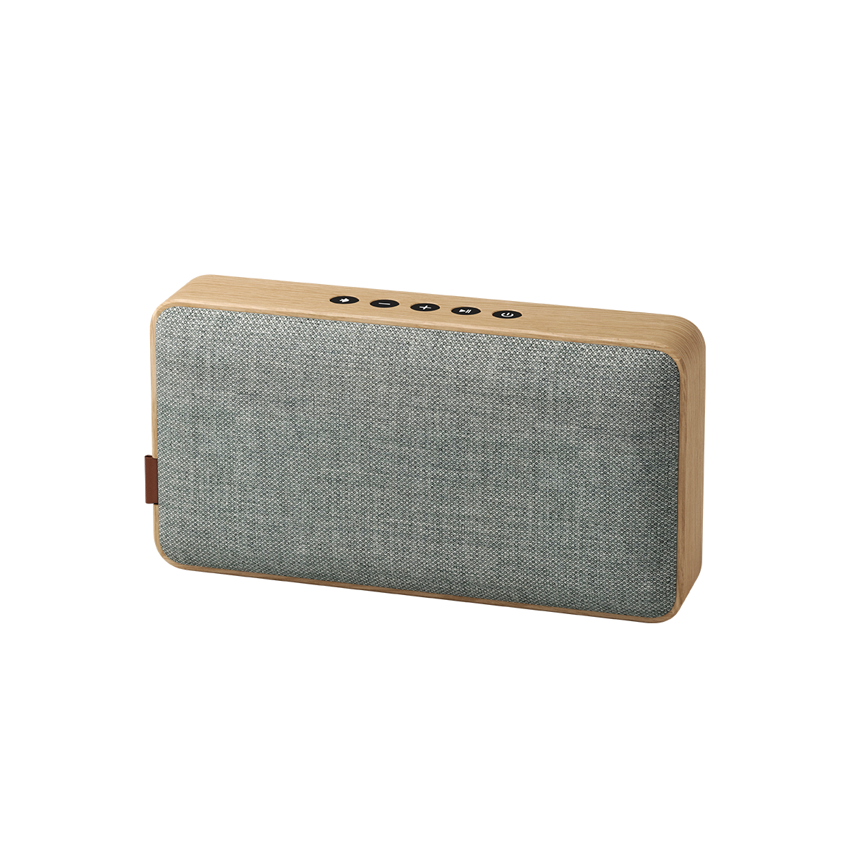 Bluetooth-høyttaler i massiv eik med naturlig eikefarge og Fiord-tekstil fra KVADRAT.
