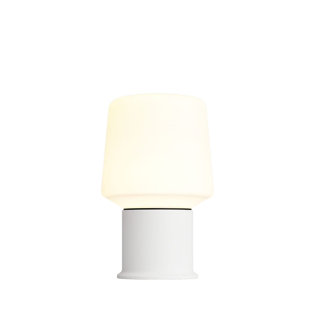 Hvit Lamp Intelligent+ med London base i svart pulverlakkert stål, 14,5 cm høy, batteridrevet utendørslampe.