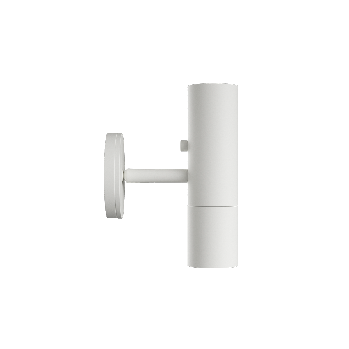 Hvit Expo Wall vegglampe i aluminium med rund form og berøringsknapp, enkel og elegant design.
