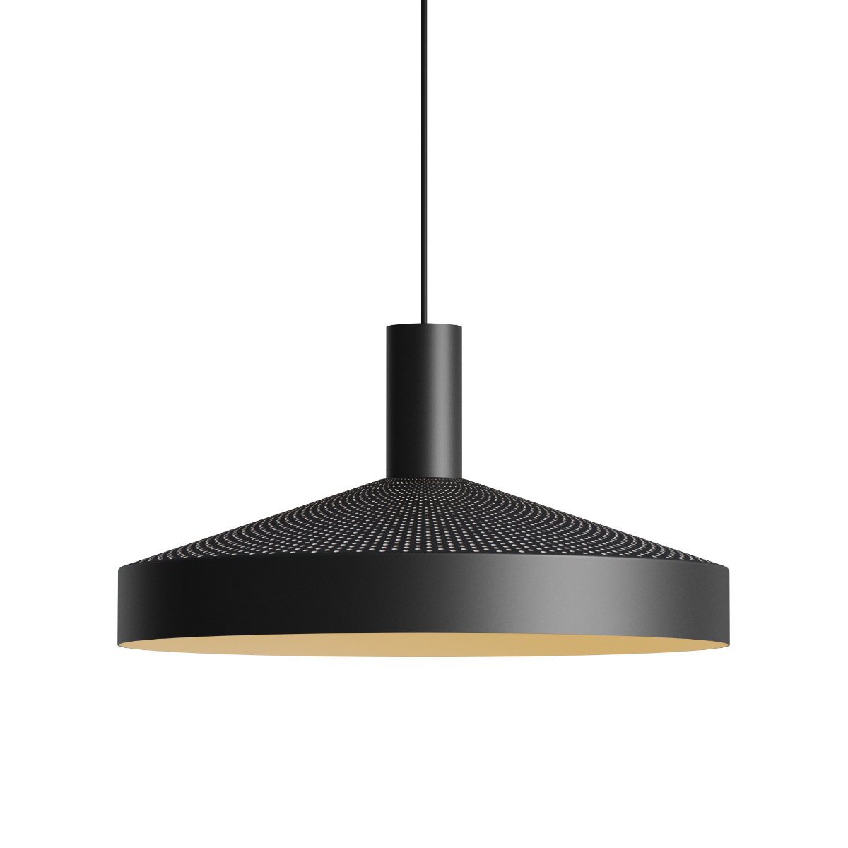 Dawn Pendant Ø40 svart aluminiumslampe med perforert topp og hvit innerskjerm, innendørs belysning.