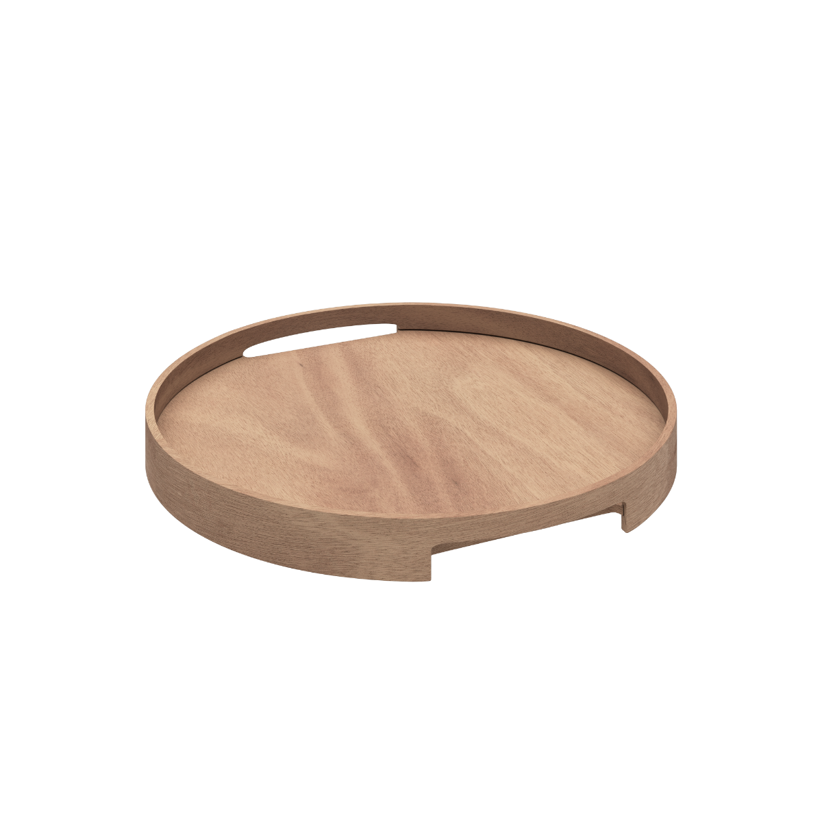 Rundt serveringsbrett i naturlig eik med høy kant og skjulte håndtak, diameter 50 cm.