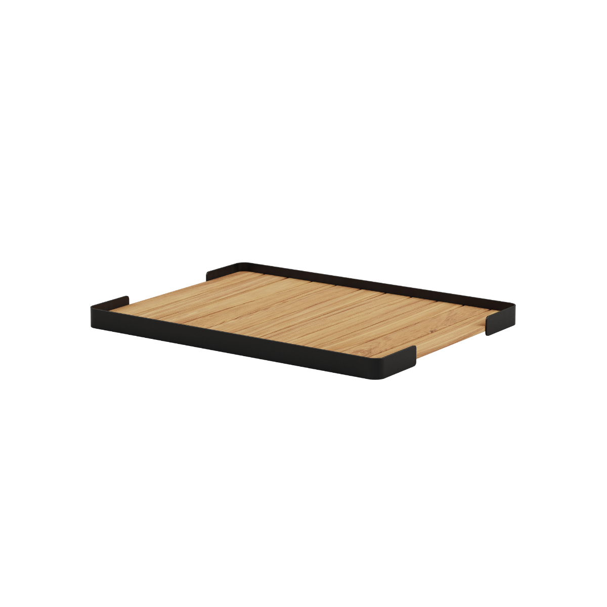 Firkantet Patio Pouf Tray i svart teak med aluminiumsramme, utendørs sidebord.