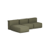 Myk olivengrønn utendørs sofa fra sackit med tre sitteplasser og integrert sjeselong. Formstabil design for komfortable stunder under åpen himmel.
