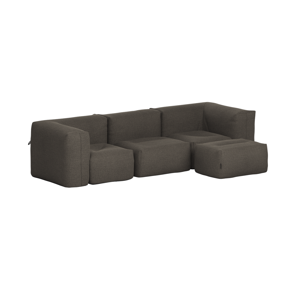 Mørkegrå myk utendørs sofa for tre personer med separat puff fra sackit i Norge rammeløs design med dype sitteplasser og værbestandig tekstil