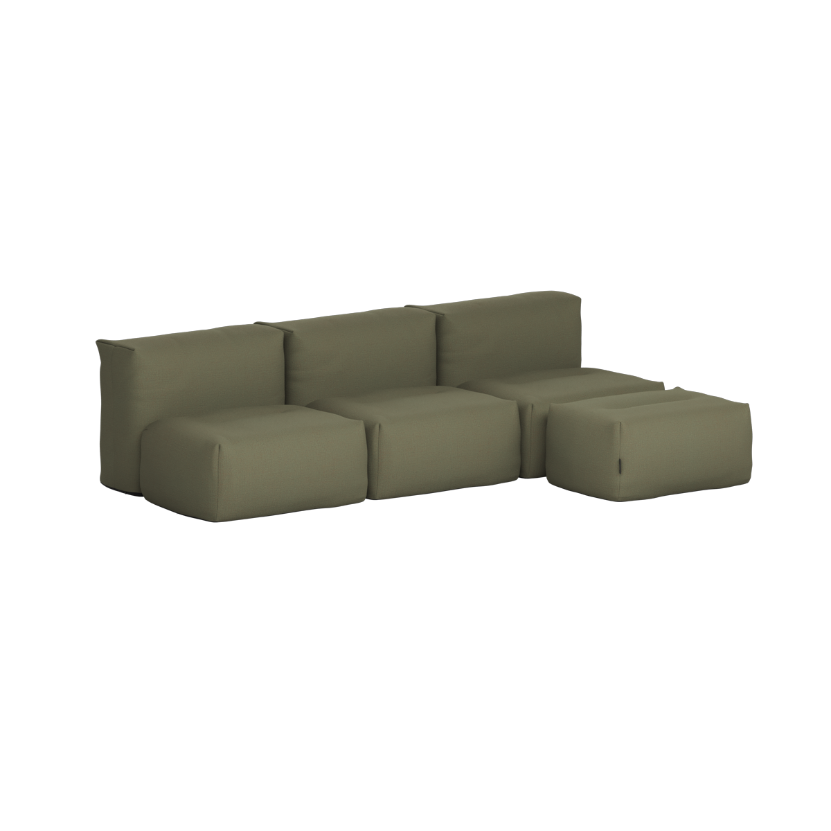 Olivengrønn myk utendørssofa med tre sitteplasser og puff fra sackit Norway, med formstabil design for komfortable stunder under åpen himmel