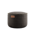 Brun Canvas Pouf i lerretstoff med håndsydde linsting, rund og lav puff.