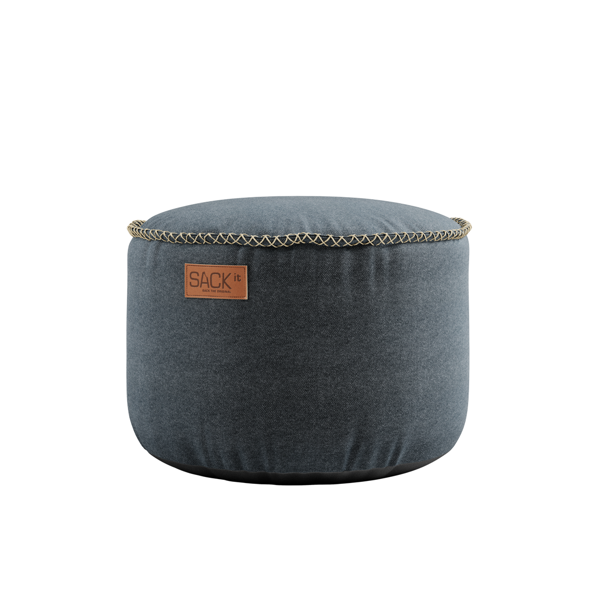Canvas Pouf i petrolfarget lerret med håndsydde linsting, rund og slitesterk puff.