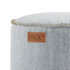 Rund Cobana Pouf i grått Cobana stoff med håndsydde sømmer, brukt som puff eller fotskammel.