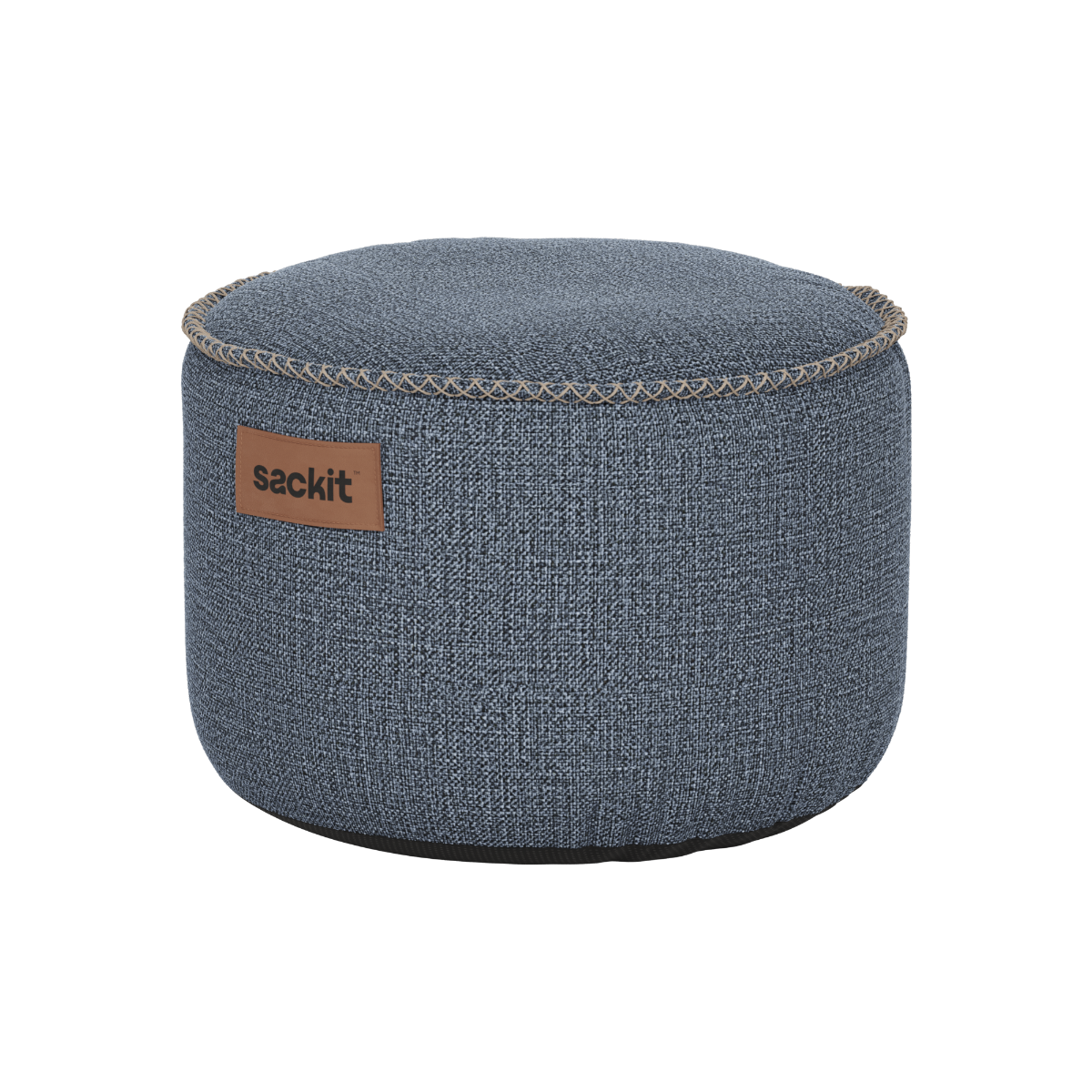 Rund puff i Kirra Indigo farget Cobana stoff med håndsydde sømmer, 50x35 cm.