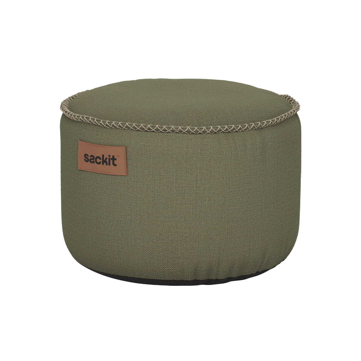 Rund Kirra Olive Cobana Pouf i stoff med håndsydde sømmer, brukt som puff eller fotskammel.