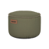 Rund Kirra Olive Cobana Pouf i stoff med håndsydde sømmer, brukt som puff eller fotskammel.