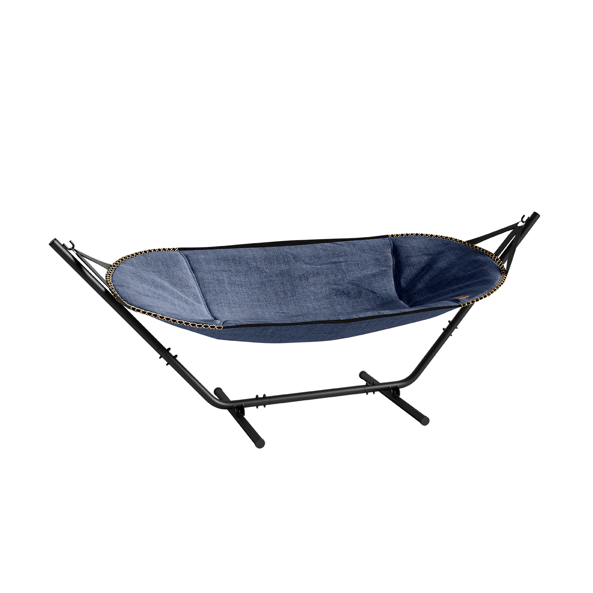 Cobana Hammock hengekøye i Kirra Indigo med svart aluminiumsstativ, vannavvisende stoff og lin-sting.