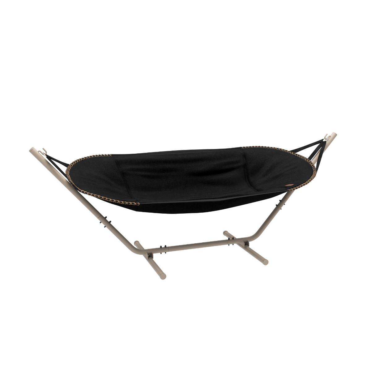 Cobana Hammock hengekøye i svart olefinstoff med taupe pulverlakkert aluminiumstativ.