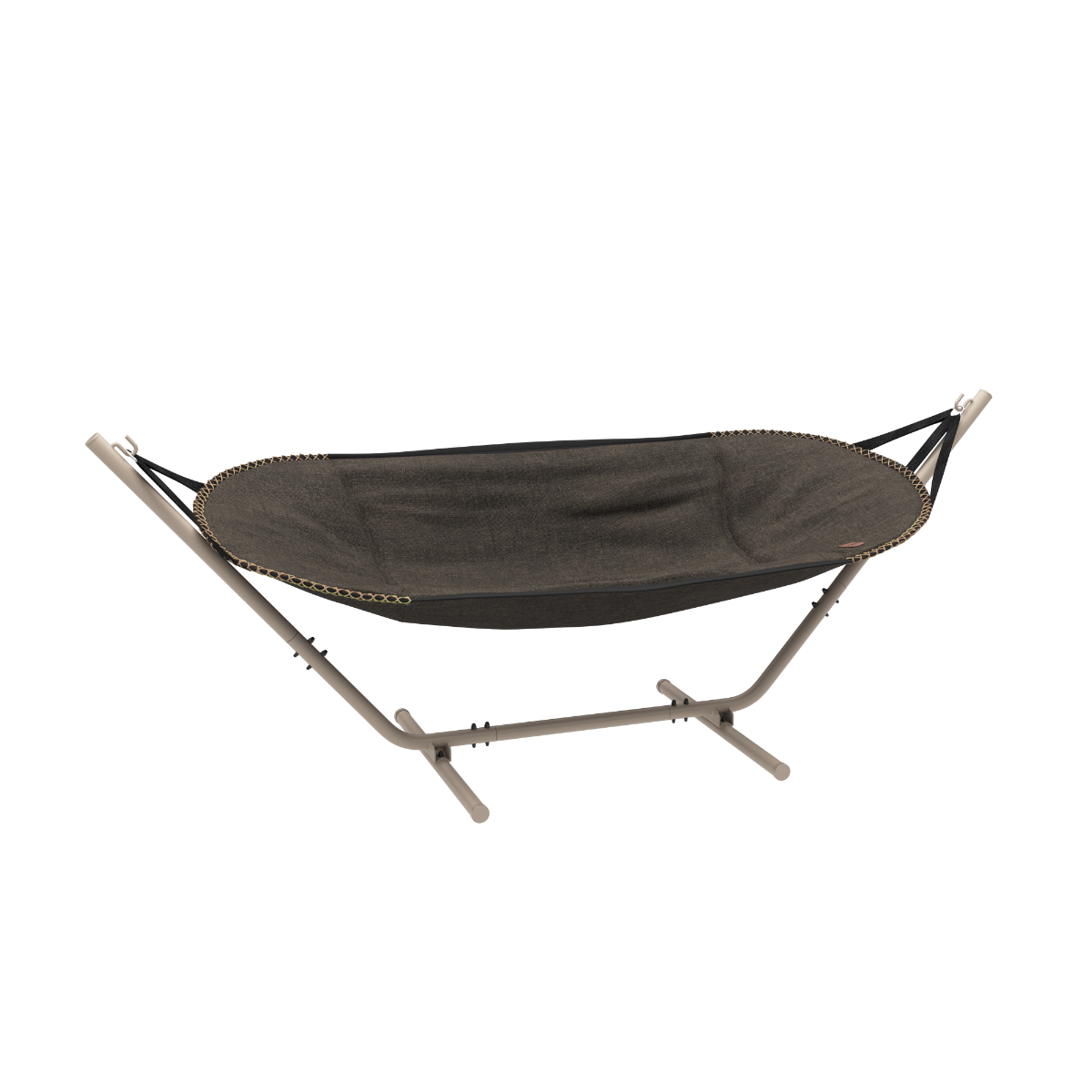 Cobana Hammock hengekøye i brun olefin med taupe pulverlakkert aluminiumstativ.