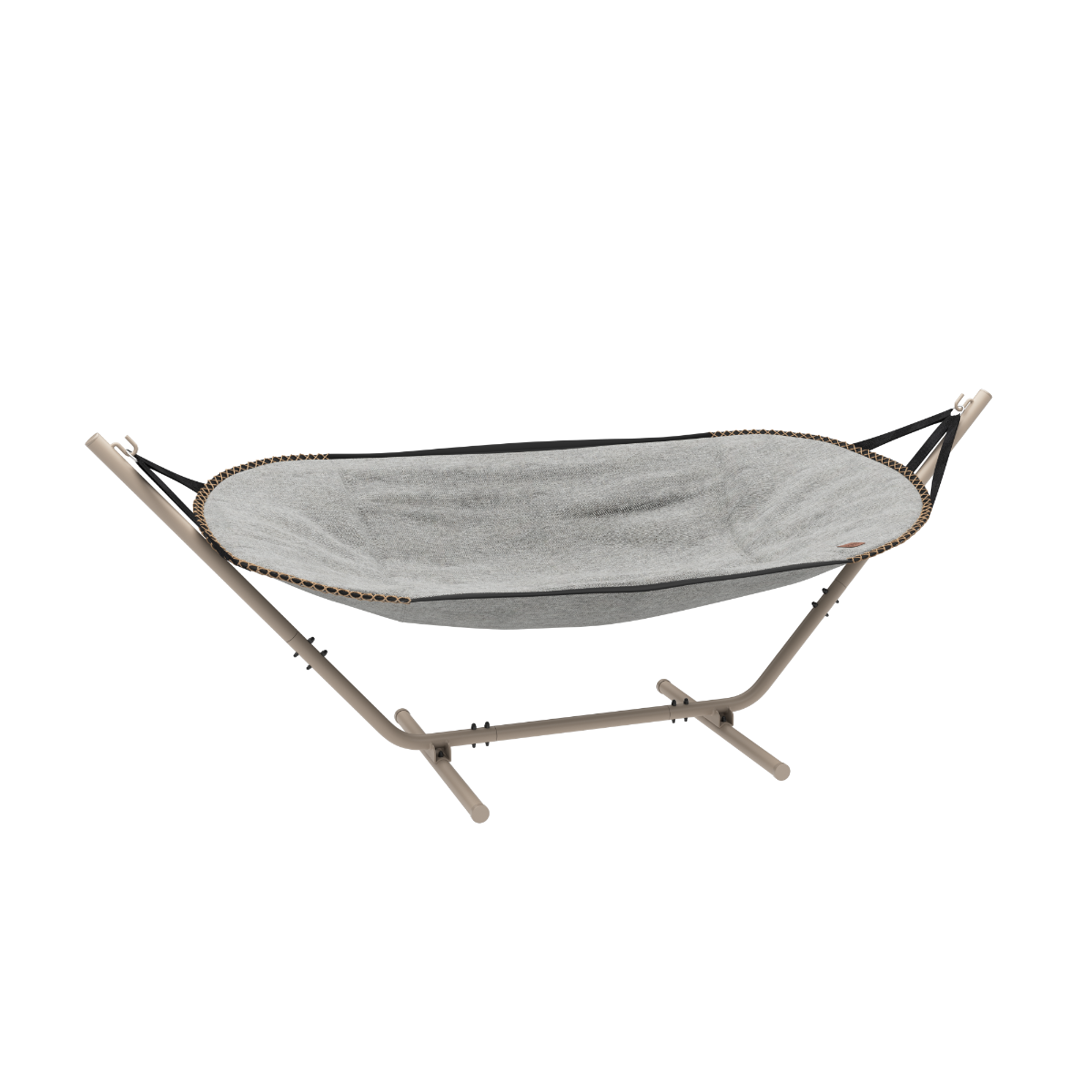 Cobana Hammock hengekøye i Cobana Sand Melange med taupe pulverlakkert aluminiumsstativ.
