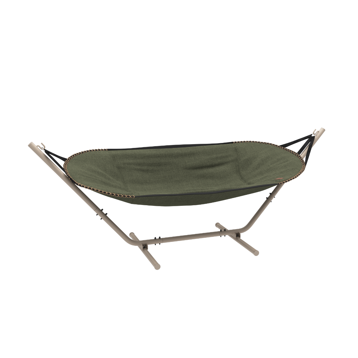 Cobana Hammock hengekøye i Kirra Olive med taupe pulverlakkert aluminiumstativ.