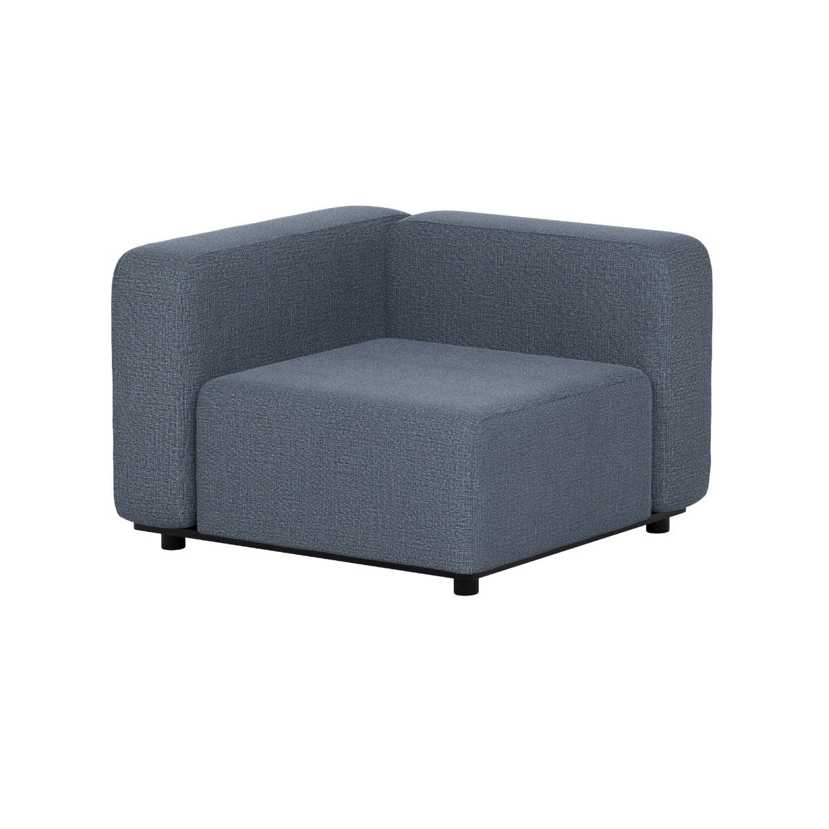 Grå hjørnemodul til utendørs sofa fra sackit med dype sitteflater og høye ryggstøtter i slitesterkt tekstil for hage og terrasse