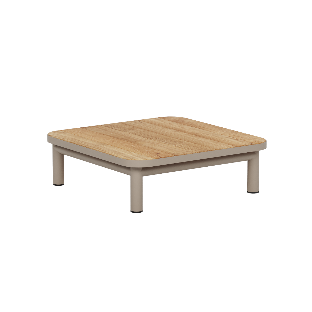 Utendørs sofabord i teak med avrundede kanter og pulverlakkert aluminiumsramme fra sackit for nordiske uteområder