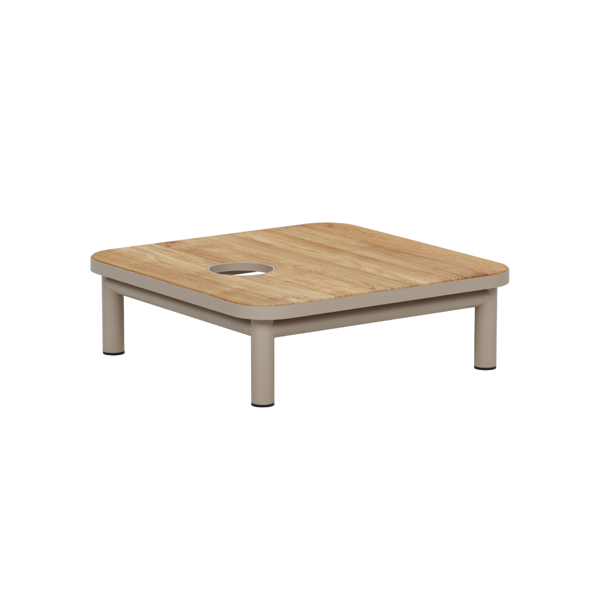 Kvadratisk utendørs sofabord fra sackit Norway med bordplate i teak pulverlakkert aluminiumsramme og fire korte ben samt praktisk åpning for parasoll