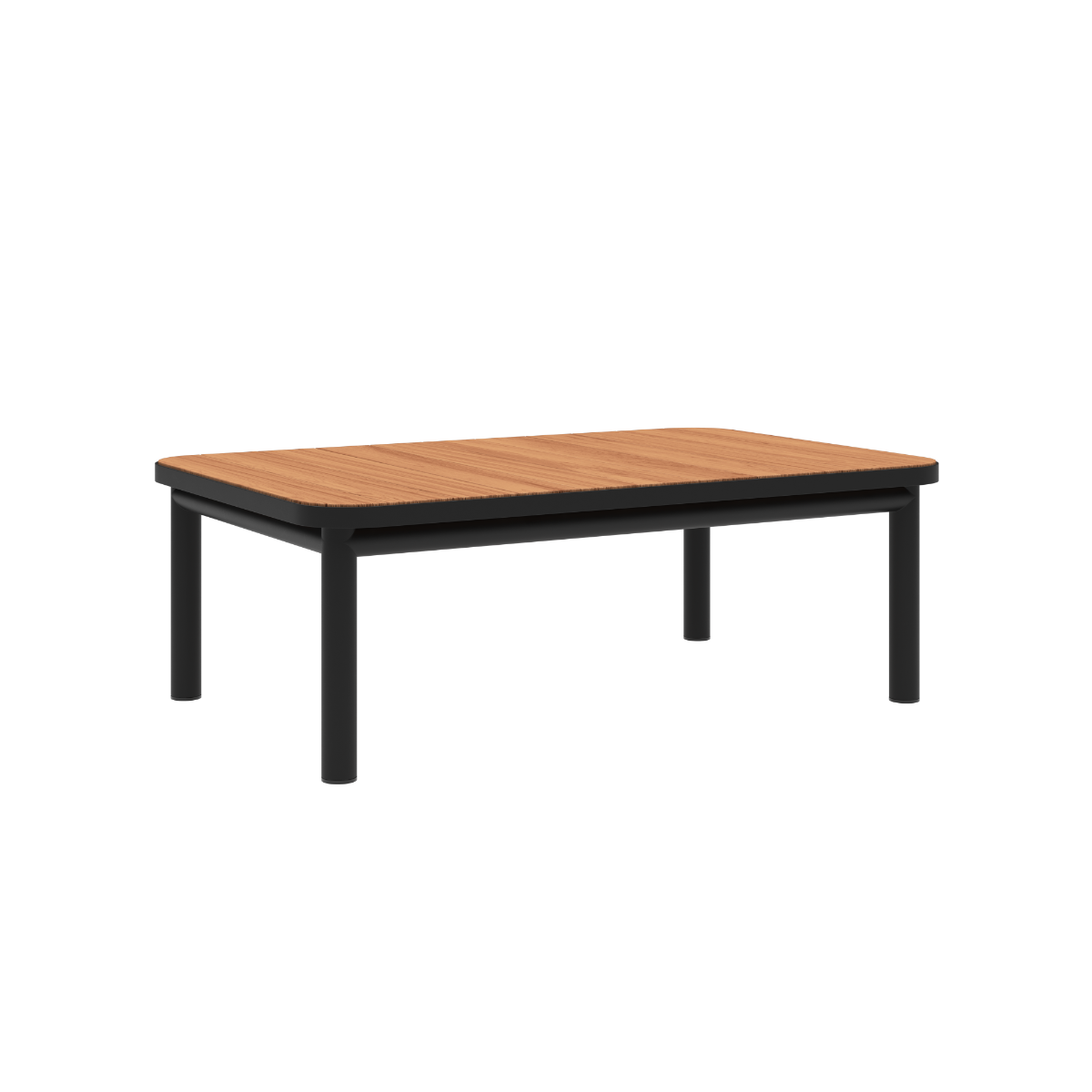 Kirra Coffee Table i svart pulverlakkert aluminium med teak bordplate, utendørs sofabord uten tilbehør.