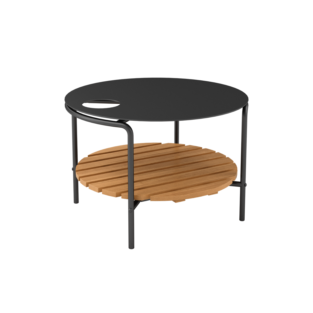 Rundt utendørs sofabord i sort pulverlakkert aluminium med teak bordplate, 70 cm diameter.