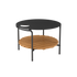Rundt utendørs sofabord i sort pulverlakkert aluminium med teak bordplate, 70 cm diameter.
