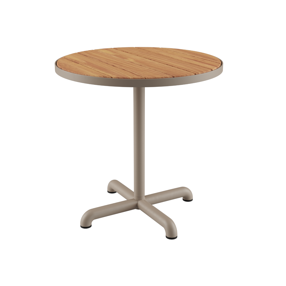 Kirra Café Table utendørs spisebord i taupe pulverlakkert aluminium med teak bordplate, rund form.