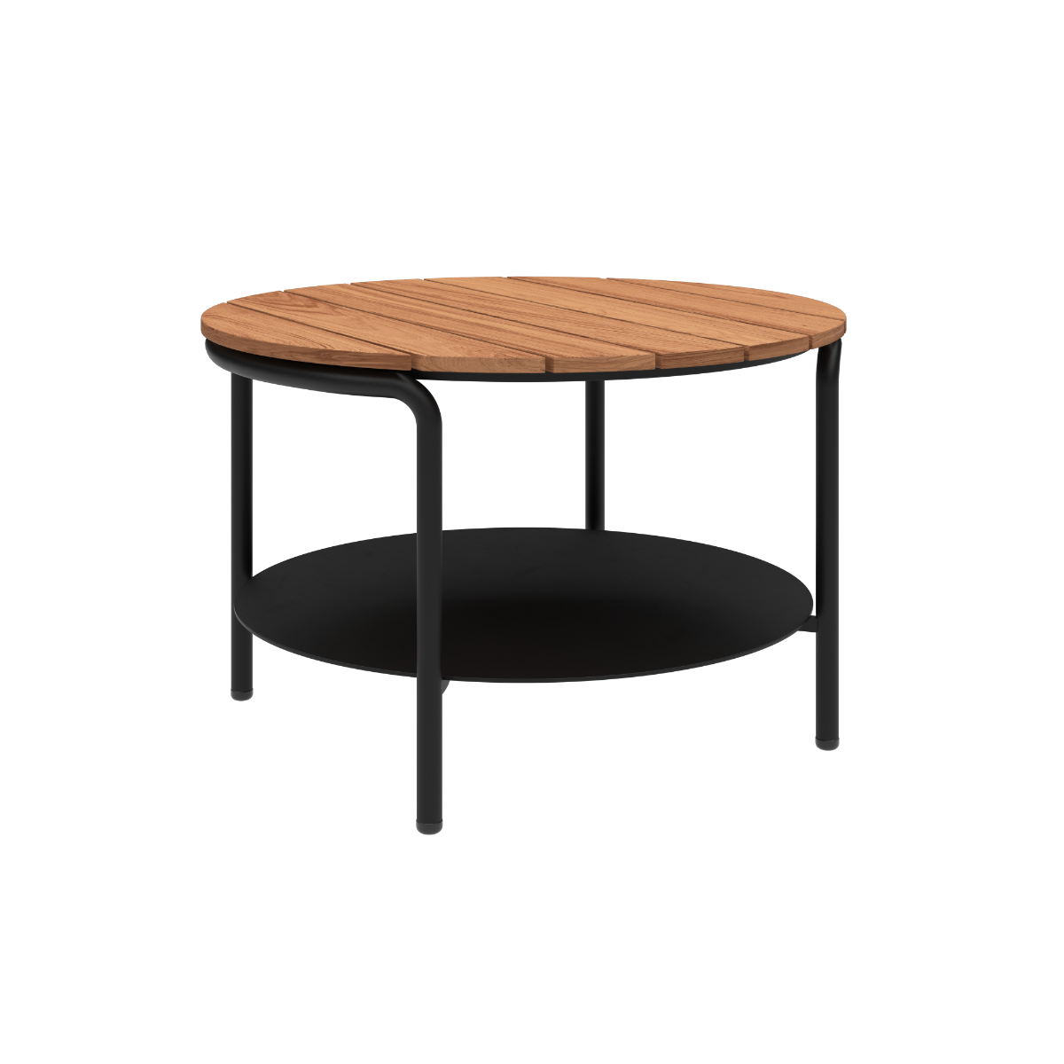 Rundt Patio Coffee Table i pulverlakkert svart aluminium med teak bordplate, Ø70 cm, uten accessory fit.