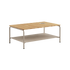 Taupe Patio Coffee Table 110x70 with teak top and powder-coated aluminum frame, outdoor setting.