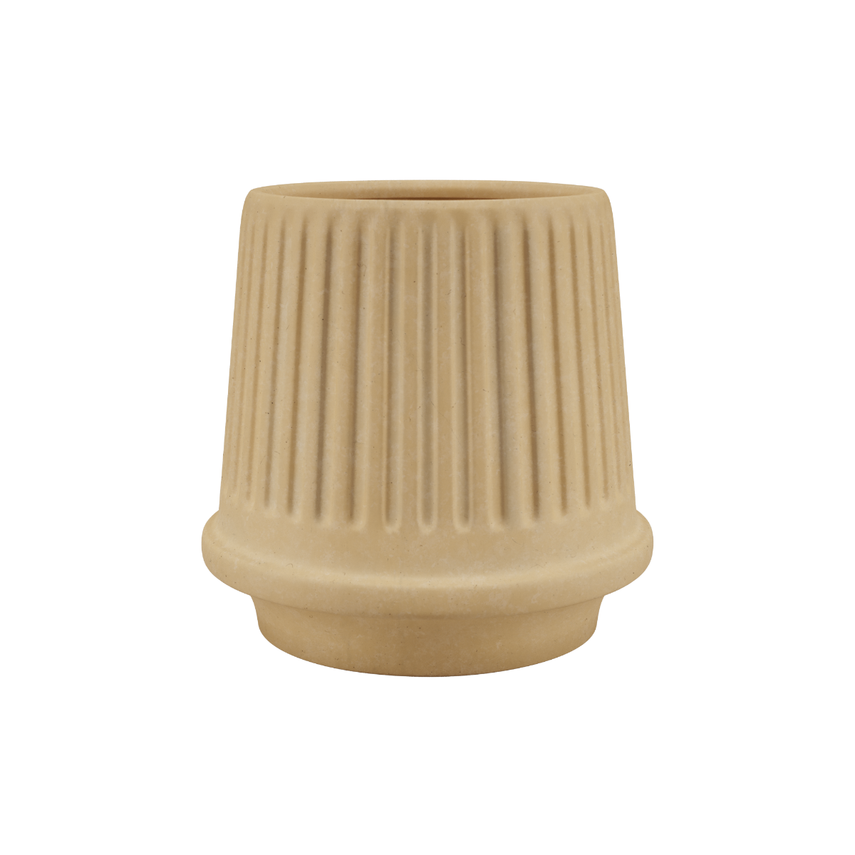 Matt beige keramikkpotte med riflet overflate fra sackit for frostbestandig bruk utendørs og nordisk vær. Inspired av antikk gresk estetikk