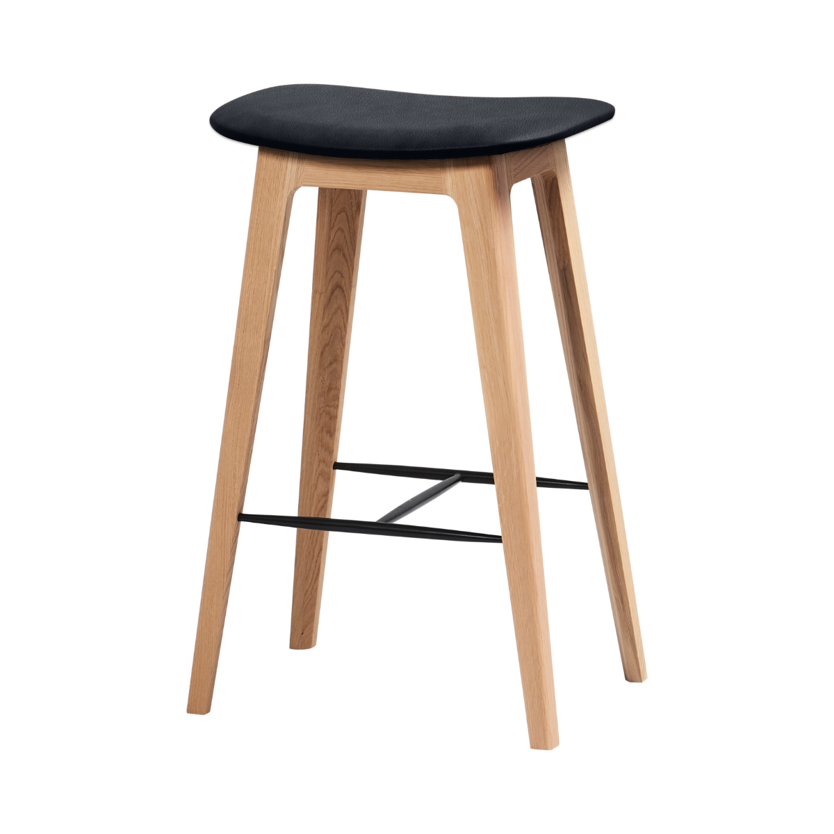 Nordic Bar Stool in 73 cm height with Terra Black leather seat and oak wood frame.