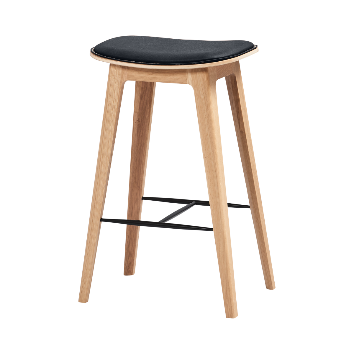 Nordic Bar Stool 73 cm in Terra Black leather with oak wood and matching dark stitches.
