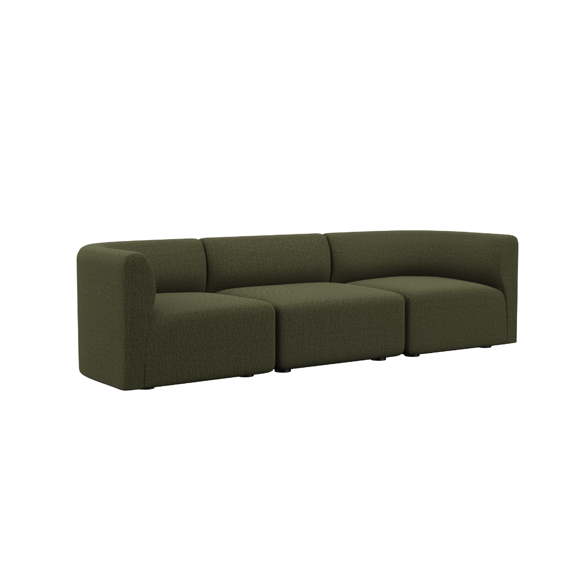 Fjord Sofa 3-seter i olivengrønt tekstil uten puff med myke, avrundede kanter og modulært design.