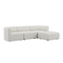 Fjord Sofa 3-seter i elfenbensfarget tekstil med puff, skandinavisk design og myke, avrundede kanter.