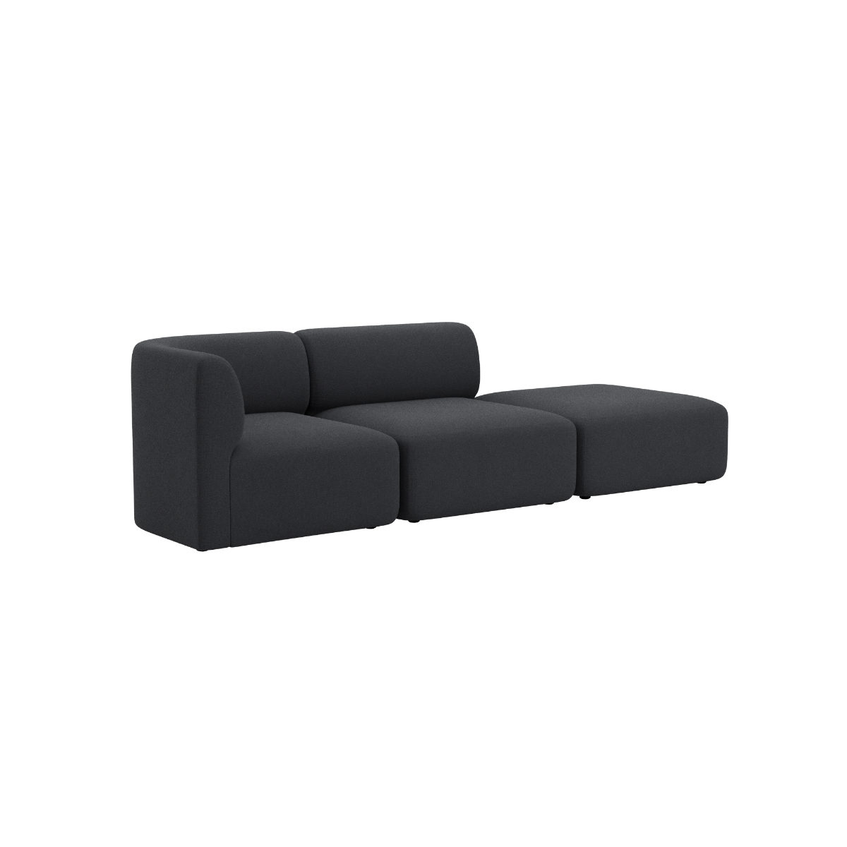 Mørk grå Fjord sofa fra sackit med to sitteplasser og åpen ende i mykt skandinavisk design for moderne innendørs bruk