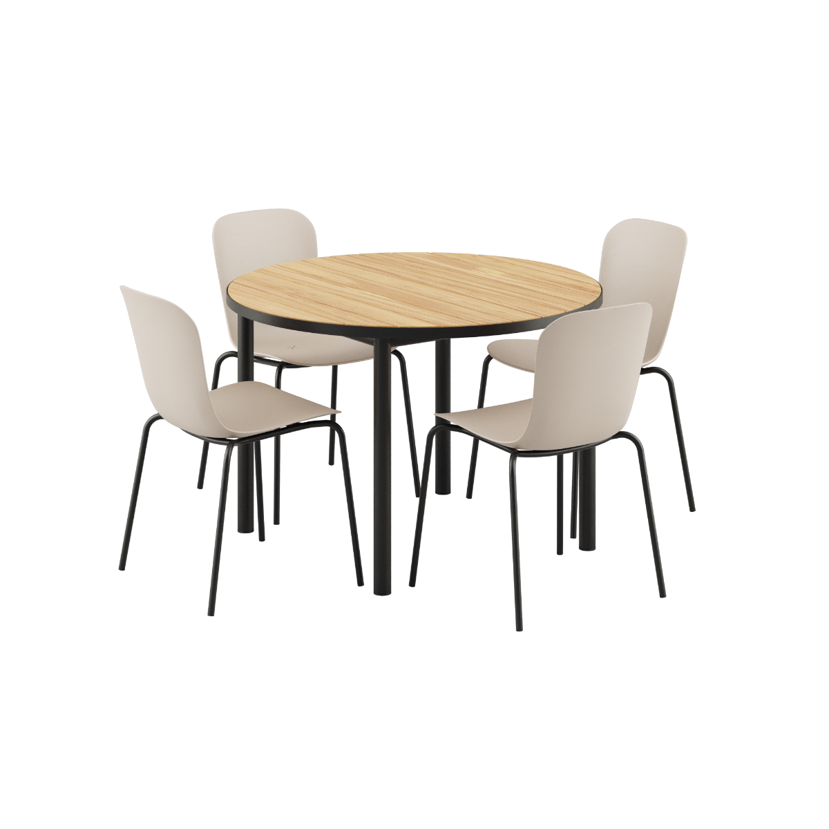 Rundt Kirra Dining Table Ø110 i svart med 4 Patio Chair no. One S1 i taupe og svart, utendørs spisebordsett.