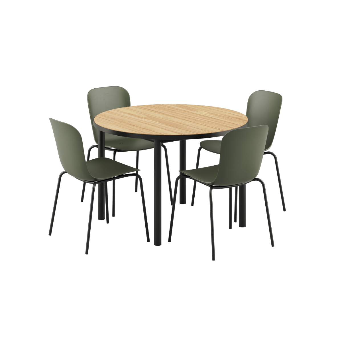 Rundt Kirra spisebord i svart med fire Patio Chair no. One S1 stoler i olivengrønt og svart.