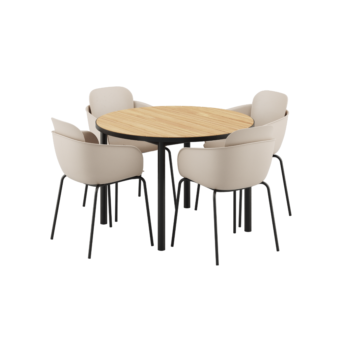 Rundt Kirra Dining Table Ø110 med keramisk bordplate og fire Patio Chair no. One S2 i taupe og noir.
