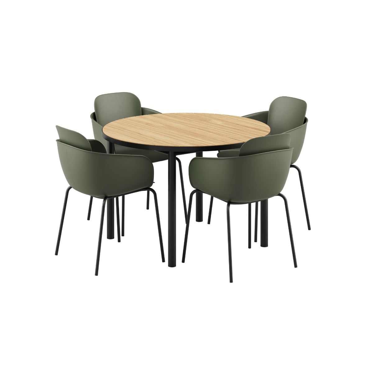 Rundt Kirra Dining Table Ø110 med keramisk bordplate og fire Patio Chair no. One S2 i olive og noir farger.