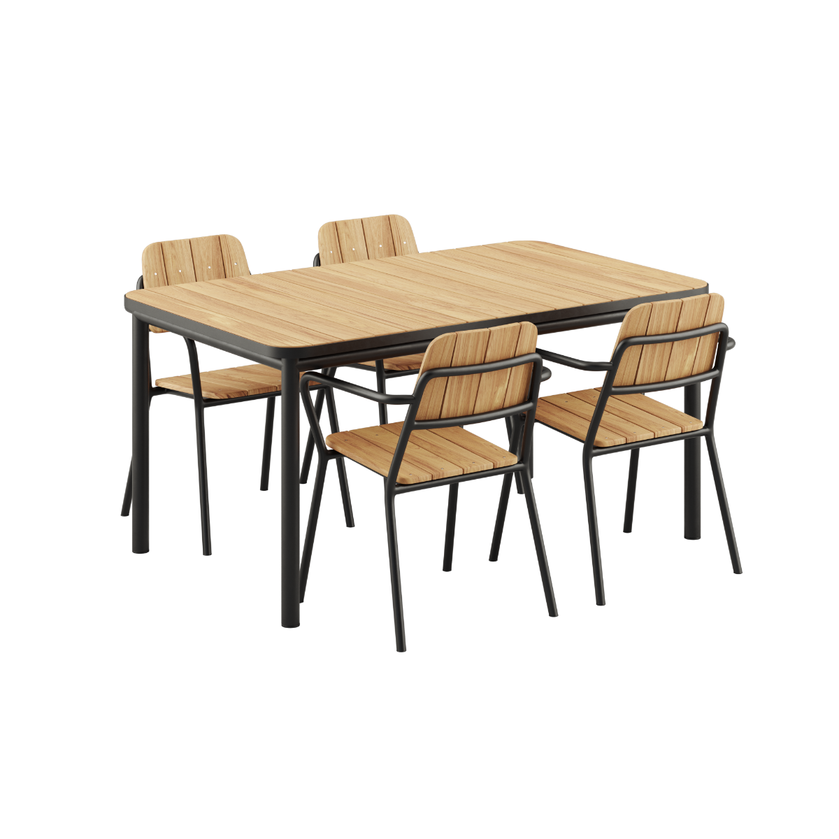 Kirra Dining Table 150x90 med svart Kirra Chair i svart pulverlakkert aluminium og teak, utendørs spisebordsett.